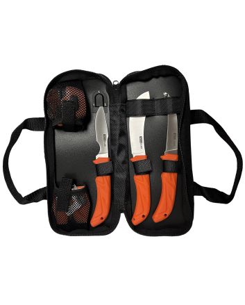 AccuSharp 738C Processing KitFixed Butcher/Caping/Gutting Plain Stainless Steel Blades/Blaze Orange Non-Slip Grip 6 Piece Includes Nylon Case