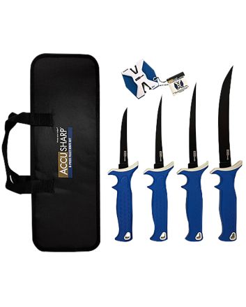 AccuSharp 737C Knife Kit4.75/5.50/6.50/8" Fixed Fillet Plain Satin Stainless Steel Blade/ Blue Non-Slip Grip TPR Handle Includes 2-Step Sharpener