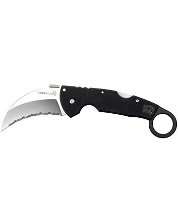 Cold Steel CS22KFS Tiger Claw3.50" Folding Hawkbill Serrated Stonewashed American S35VN Blade/6" Matte Black w/Ring G10 Handle Includes Belt Clip