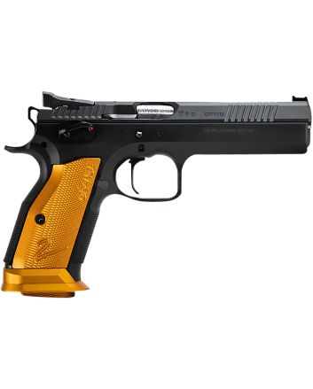 CZ-USA 91266 TS 29mm Luger 20+1 5.28" Stainless Bull Barrel, Black Serrated Steel Slide, Black Polycoat Steel Frame w/Beavertail, Orange Checkered Aluminum Grip