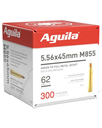 Aguila 1E556125 Green Tip M855 5.56x45mm NATO 62gr Full Metal Jacket Boat Tail 300 Per Box/4 Case