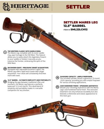 Heritage Mfg SML22LCH12 Settler Mare's Leg 22 LR 10+1 12" Black Oxide Barrel, Color Case Hardened Rec, Light Stained Walnut Furniture, Buckhorn Sights