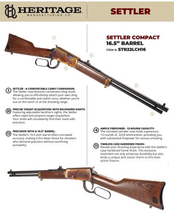 Heritage Mfg STR22LCH16 Settler Compact 22 LR 13+1 16.50" Black Oxide Barrel, Color Case Hardened Rec, Light Stained Walnut Furniture, Buckhorn Sights