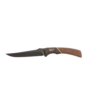 Browning 3220394 Hunter Trail Knife 4.50" Fixed Trailing Drop Point Blade, Black Stonewashed 440C Stainless Steel, Two-Toned Jigged Wood Handle w/Bronze Accents, Includes Leather Sheath