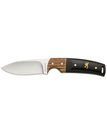 Browning 3220271 Buckmark Hunter EDC 3.13" Fixed Drop Point, Plain Mirror Polished 8Cr14MoV SS Blade, Black/Zebra Finger Grooved w/Brass Accents Hardwood Handle, Includes Sheath
