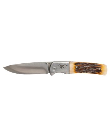 Browning 3220500B Buckmark Hunter 3" Folding Drop Point Plain Stonewashed 8Cr13MoV SS Blade/Jigged Bone Handle Boxed