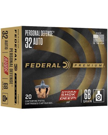 Federal P32HSD1 Hydra-Shok Deep Personal Defense 32ACP 68gr Jacketed Hollow Point 20 Per Box/10 Case