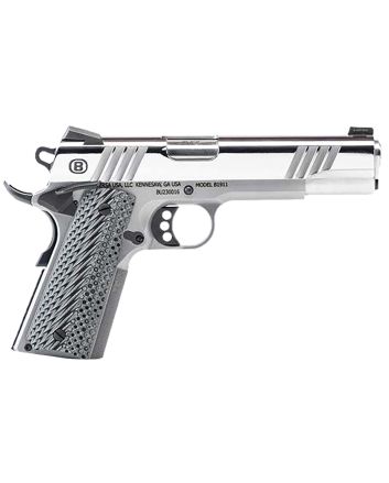 Bersa B19117050PMBG B1911 Mirror Full Size Frame 45 ACP 8+1 5" Stainless Steel Barrel, Polished Stainless Serrated Steel Slide, Stainless Steel Frame w/Beavertail, Gray VZ Grip, Ambidextrous