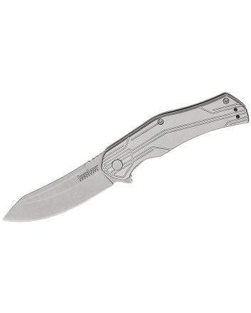 Kershaw 1380X HuskerEDC 3" Folding Trailing Point Plain Bead Blasted 8Cr13MoV SS Blade, Stonewashed Stainless Steel Handle, Clamshell Packaging