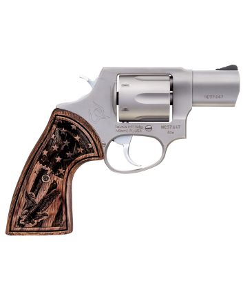 Taurus 285629US1 856Small Frame 38 Special +P 6rd 2" Matte Stainless Steel Barrel, Cylinder &amp; Frame, Engraved USA Flag Walnut Grip, Transfer Bar Safety