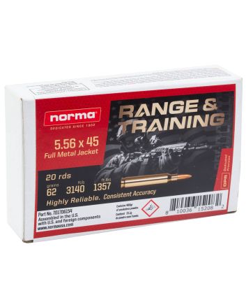 Norma Ammunition 701706154 Range &amp; Training5.56x45mmNATO 62gr Full Metal Jacket 20 Per Box/10 Case