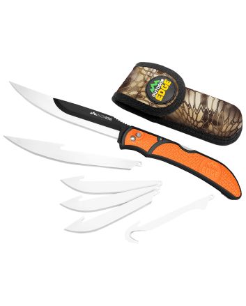 Outdoor Edge RBB20C RazorBone6 Blades, Folding 3.40" Gut Hook/3.50" Drop Point/5" Fillet Satin/Black Oxide 420J2 SS Blades, Blaze Orange Textured Grivory w/TPR Inserts Handle