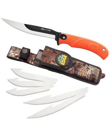 Outdoor Edge RMB20C RazorMax6 Blades, 3.50" Drop Point/5" Boning Fillet Folding Plain Satin/Black Oxide 420J2 SS Blades, Blaze Orange Textured TPR Handle
