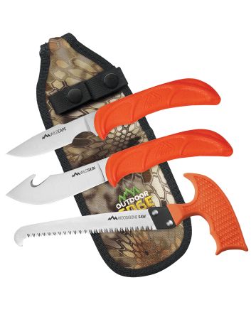 Outdoor Edge WG10C WildGuideFixed Caper/Saw/Skinner w/Gut Hook Satin 420J2 SS Blades, Blaze Orange Textured TPR Handle