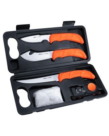Outdoor Edge WL6 WildLite Game Processor Kit Fixed Boning/Caper/Skinner Plain 420J2 SS Blades, Blaze Orange Textured TPR Handles, 5 Pieces Includes Carry Case