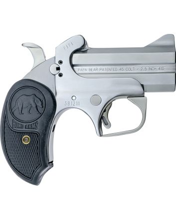 Bond Arms BAPB Papa Bear45 Colt (LC)/410 Gauge 2rd 3" Stainless Steel Double Barrel &amp; Frame, Auto Extractors &amp; Rebounding Hammer, Blade Front/Fixed Rear Sights, Extended Rubber Grip, Manual Safety
