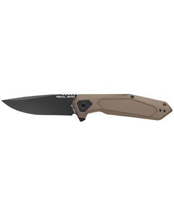 Real Avid AVRAV3 RAV-33.25" Folding Drop Point Plain Black Oxide 8Cr13MoV SS Blade, Flat Dark Earth Textured Aluminum/SS Handle, Clamshell Pkg