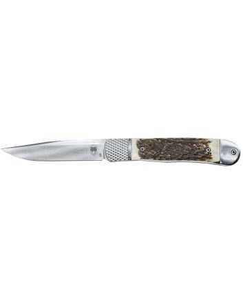 CobraTec Knives CTTHRSTG Trapper Hidden Release 3.12" Flip Open Drop Point Plain Satin D2 Steel Blade, 4.25" Stag Scales Handle