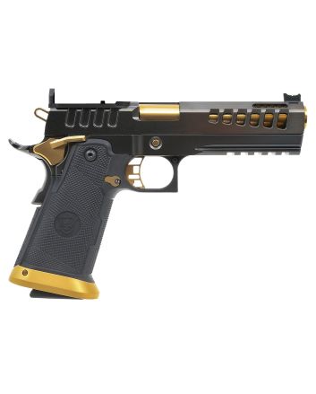 Watchtower Firearms DEMOLITIA9MM5ELITE DemolitiaFull Size Frame 9mm Luger 20+1 5" Gold Plated PVD Ported Barrel, Graphite PVD Optic Cut/Serrated Steel Slide, Graphite PVD Frame, Black Textured Grip