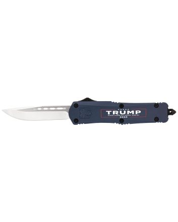 CobraTec Knives MTRP24BLUDNS FS-3 Trump 2024 Medium OTF Drop Point Plain Satin D2 Steel Blade, 4.50" Blue w/Trump, Make America Great Again Aluminum Cerakoted Handle