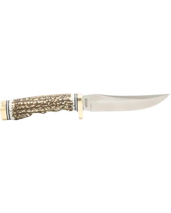 Uncle Henry 1100087 Next Gen Golden Spike 5" Fixed Plain Satin Polished Stainless Steel Blade, Brown Brass Accents Staglon Handle