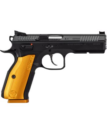 CZ-USA 91248 Shadow 29mm Luger 17+1 4.89" Stainless Steel Barrel, Black Nitride Optic Cut/Serrated Slide, Black Steel Frame w/Beavertail &amp; Picatinny Rail, Orange Checkered Aluminum Grip