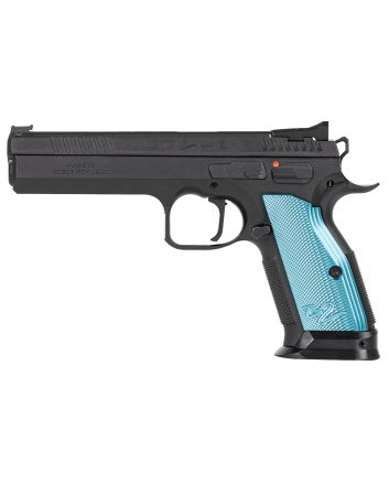 CZ-USA 01220 TS 29mm Luger 10rd 5.28" Black Steel Barrel, Black Nitride Serrated Slide, Black Steel Frame w/Beavertail, Blue Textured Aluminum Grip