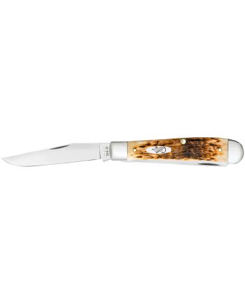 Case 00164 TrapperMedium 3.25"/3.27" Folding Clip Point/Spey Plain Mirror Polished Tru-Sharp SS Blade Peach Seed Jigged Amber Bone Handle