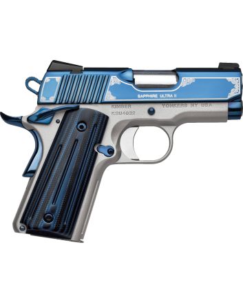 Kimber Mfg, Inc 3200362 Ultra II45 ACP 7+1 3" Stainless Match Grade Barrel, Engraved Sapphire Blue PVD Serrated Stainless Steel Slide, Satin Silver Aluminum Frame w/Beavertail, G10 Grip
