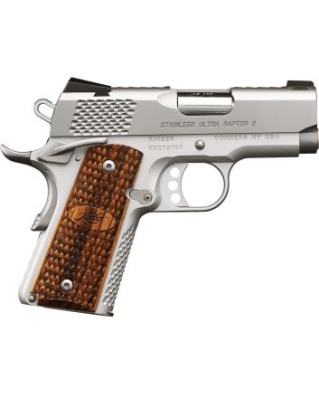 Kimber Mfg, Inc 3200375 Raptor II Ultra 45 ACP 7+1 3" Stainless Match Grade Barrel, Satin Silver Serrated Stainless Steel Slide, Matte Silver Aluminum Frame w/Beavertail, Zebrawood Grip
