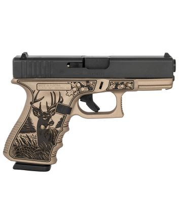 Glock PI1950204TRPHYBUCK G19 Gen3 Compact Frame 9mm Luger 15+1 4.02" Black Steel Barrel, Black Cerakote Serrated Steel Slide, Trophy Buck Cerakote Polymer Frame w/Picatinny Rail, Textured Polymer Grip