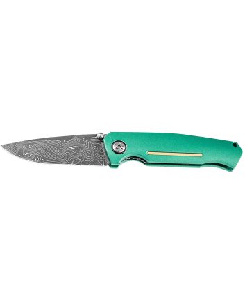 Boker 111102DAM 3.22" Drop Point Plain Damascus Blade Green Aluminum Handle