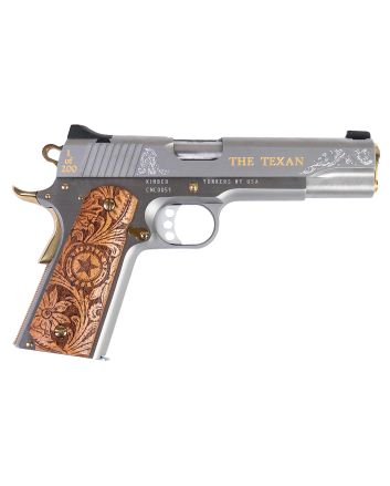 Cnc Firearms CNCTEX1911 Kimber 1911 Texan 45 ACP 7+1 5" Stainless Steel Barrel, Stainless Engraved "The Texan"/Serrated Steel Slide, Stainless Steel Frame, Texas Mesquite Grip