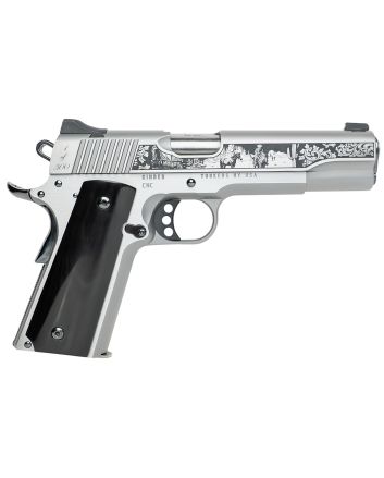 Cnc Firearms CNCWESTSPIRIT Kimber 1911 Western Spirit 45 ACP 7+1 5" Stainless Steel Barrel, Serrated w/Engraved Scrollwork Slide, Black Buffalo Horn Grip