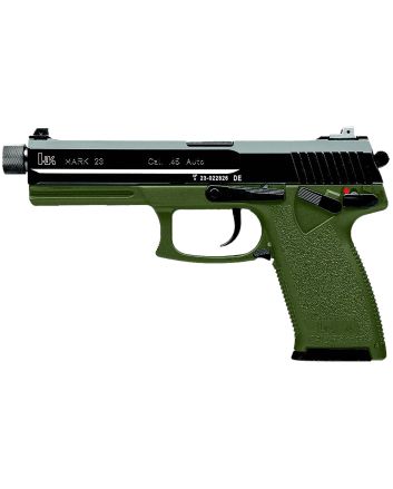 HK 81001074 Mark 2345 ACP 12+1 5.87" Black Threaded Barrel, Black Cerakote Serrated Steel Slide, OD Green Polymer Frame w/Accessory Rail, Textured Grip