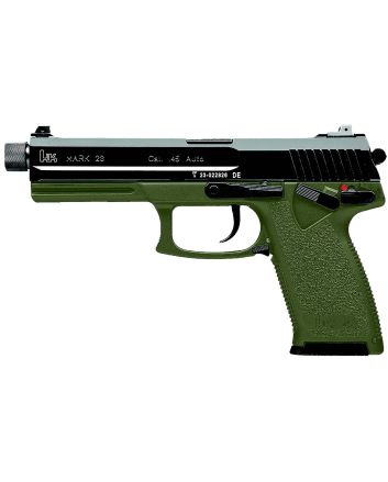 HK 81001075 Mark 2345 ACP 10+1 5.87" Black Threaded Barrel, Black Cerakote Serrated Steel Slide, OD Green Polymer Frame w/Accessory Rail, Textured Grip