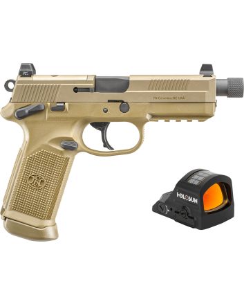 FN 66102270 FNX w/Optic 45 ACP 15+1 5.30" Black Steel Threaded Barrel, Flat Dark Earth Optic Ready/Serrated Stainless Steel Slide &amp; Polymer Frame w/Picatinny Rail, Holosun 407C Red Dot, Ambidextrous