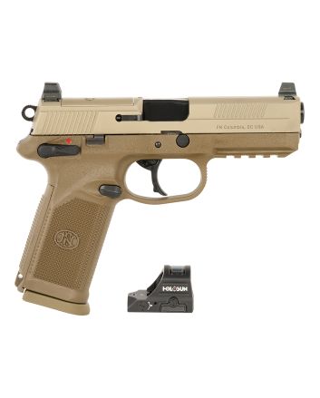FN 66102272 FNX w/Optic 45 ACP 10rd 5.30" Black Steel Barrel, Flat Dark Earth Optic Ready/Serrated Stainless Steel Slide &amp; Polymer Frame w/Picatinny Rail, Holosun 407C Red Dot, 5 Mags, Ambidextrous