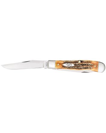 Case 03573 Trapper3.25" Folding Clip Point/Spey Plain Mirror Polished Tru-Sharp SS Blades, Burnt Dark Amber 6.5 BoneStag Handle