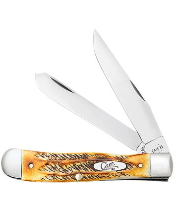 Case 65345 Trapper3.25" Folding Clip Point/Spey Plain Mirror Polished Tru-Sharp SS Blades, Burnt Dark Amber 6.5 BoneStag Handle, Includes Pocket Clip
