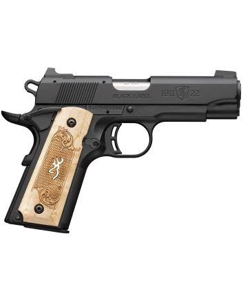 Browning 051068490 1911-22 Black Label Medallion Compact Frame 22 LR 10+1 3.63" Stainless Steel Barrel, Matte Black Serrated Slide, Matte Black Aluminum Frame w/Beavertail, Maple Medallion Grip