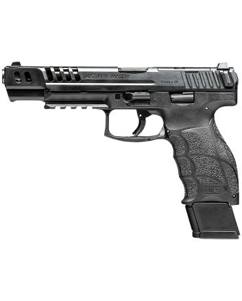 HK 81000935 VP9 Match 9mm Luger 15+1 5.51" Polygonal Rifled Barrel, Black Optic Ready/Serrated w/Ports Slide &amp; Frame w/Picatinny Rail, Black Finger Grooved Polymer Grips, Ambidextrous