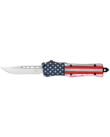 CobraTec Knives SUSACTK1SDNS CTK-1 American Flag Small 2.75" OTF Drop Point Plain D2 Steel Blade, 4.25" Red/White/Blue Flag Cerakote Aluminum Alloy Handle