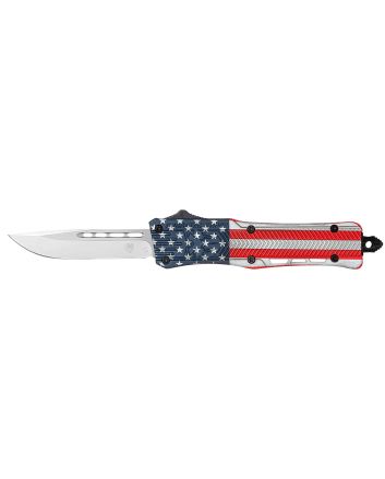 CobraTec Knives MUSACTK1MDNS CTK-1 American Flag Medium 3" OTF Drop Point Plain D2 Steel Blade, 5" Red/White/Blue Flag Cerakote Aluminum Alloy Handle