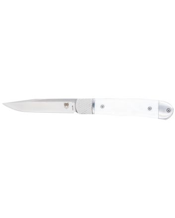 CobraTec Knives CTTHRWTABA154CM TrapperSmall 3.13" Folding Plain 154CM SS Blade, 4.25" White Abalone Scales Handle