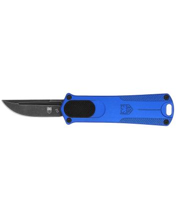 CobraTec Knives CALI952BLUDNS California 952 *CA Compliant 1.75" OTF Drop Point Plain Black Stonewashed D2 Steel Blade, 3" Blue Anodized Aluminum Handle
