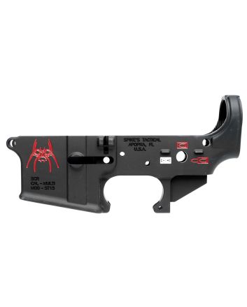 Spikes STLS019CFA Spider Stripped Lower Receiver Multi-Caliber 7075-T6 Aluminum Black Anodized with Color Fill for AR-15