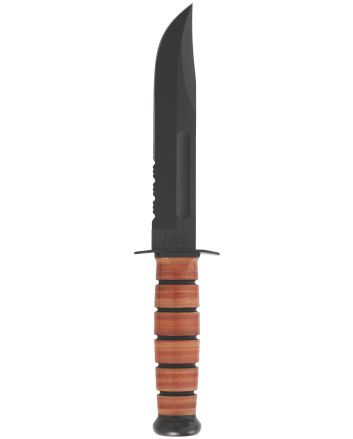 Ka-Bar 1218 USMC Fight/Utility 7" Fixed Clip Point Part Serrated Black 1095 Cro-Van Blade. Brown Leather Handle. Includes Sheath