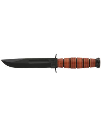 Ka-Bar 1250 Short USMC 5.25" Fixed Clip Point Plain Black 1095 Cro-Van Blade, Brown Leather Handle, Includes Sheath