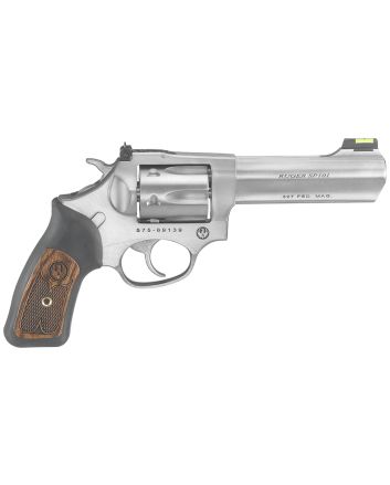 Ruger 5773 SP101Small Frame 327 Federal Mag 6rd, 4.20" Satin Stainless Steel Barrel, Cylinder &amp; Frame, Black Rubber w/Wood Insert Grip, Exposed Hammer, Transfer Bar Safety